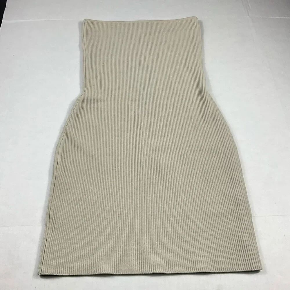 Babaton Sculpt Knit Cami Bodycon Dress Ivory Ribbed Knit Strapless Minimalist M